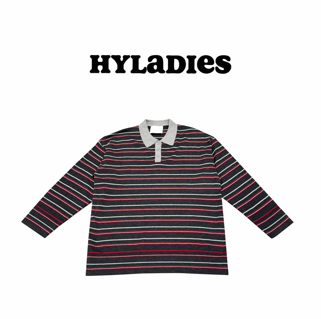HYLADIESWEAR  『学院风条纹』设计款撞色条纹翻领开叉简约针织衫女