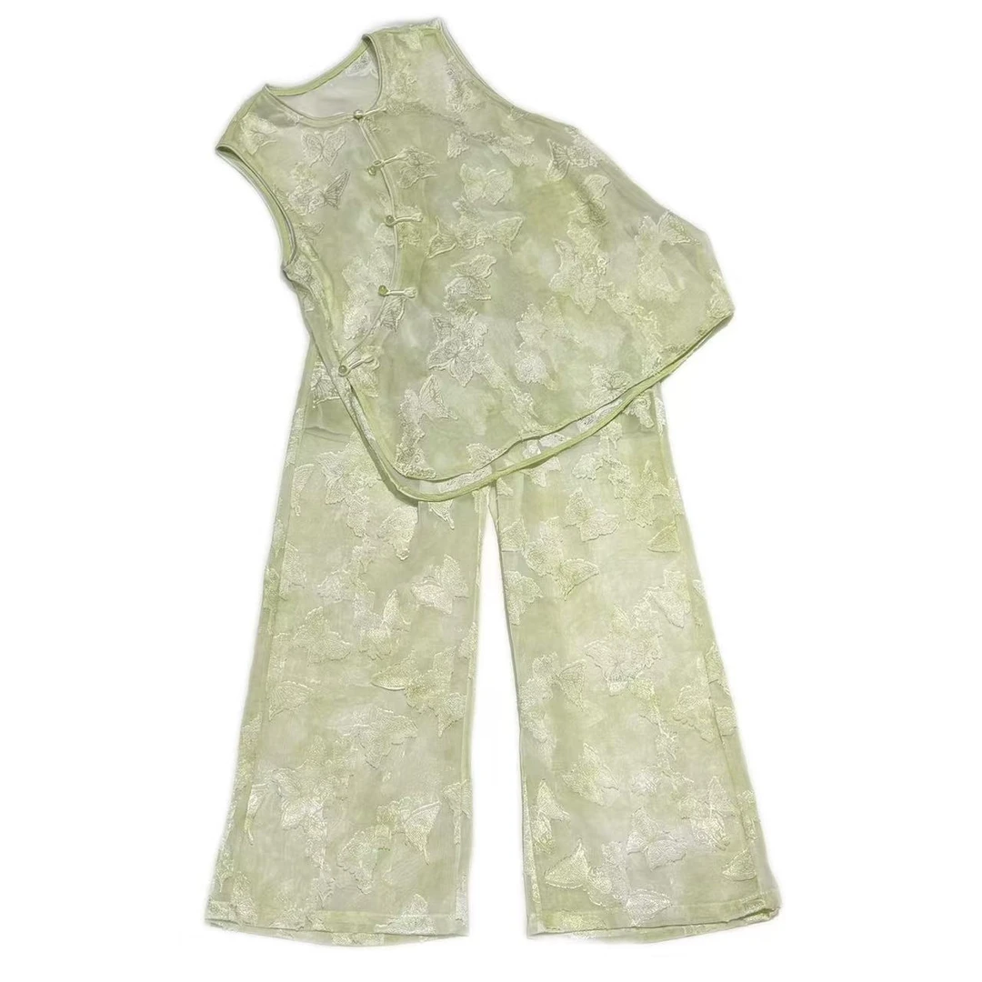 9982#夏季新款《瑶光梵音》复古国风百搭马甲上衣裤子两件套套装