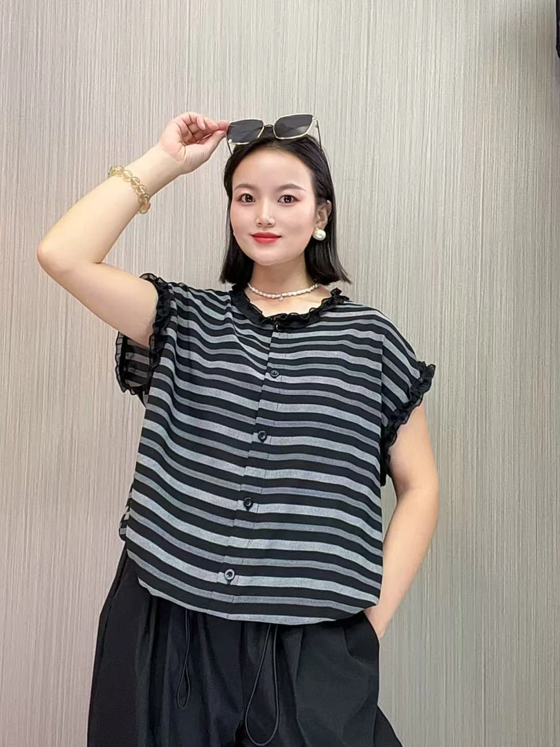 条纹圆领常规款宽松型显瘦气质背心洋气休闲百搭夏季黑色时尚T恤