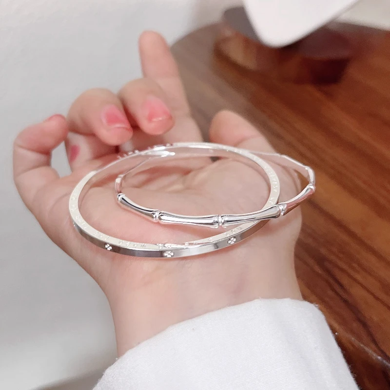 双环竹节银手镯女999纯银实心足银闭口四叶草镯子2025新款礼物