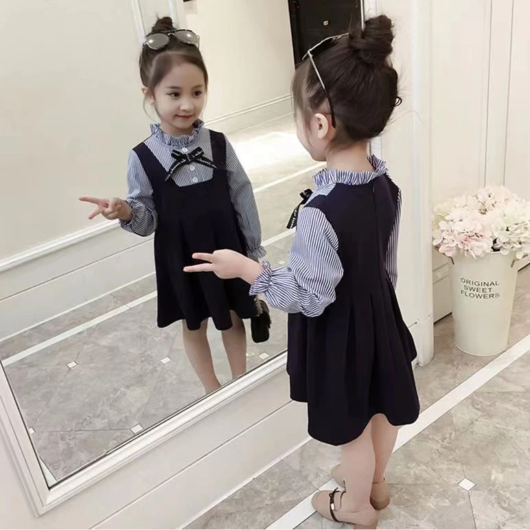 002女童假两件连衣裙儿童春秋长袖洋气学院风中大童小女孩韩版