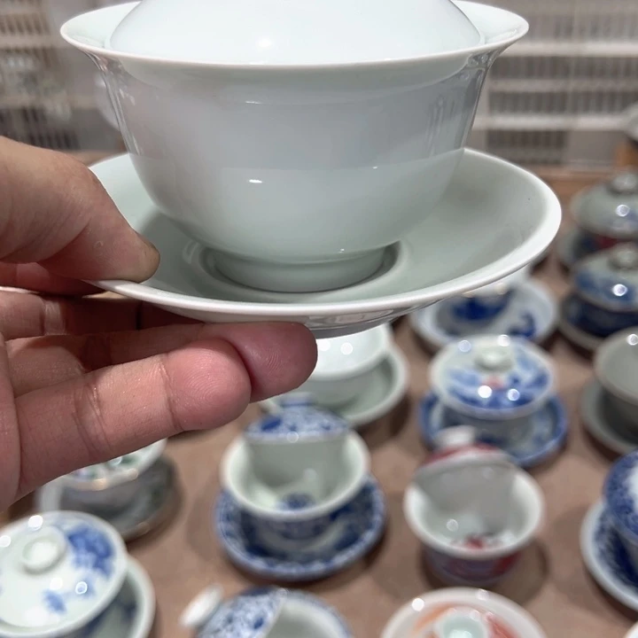 瓷片白素胎元宝盖碗全全