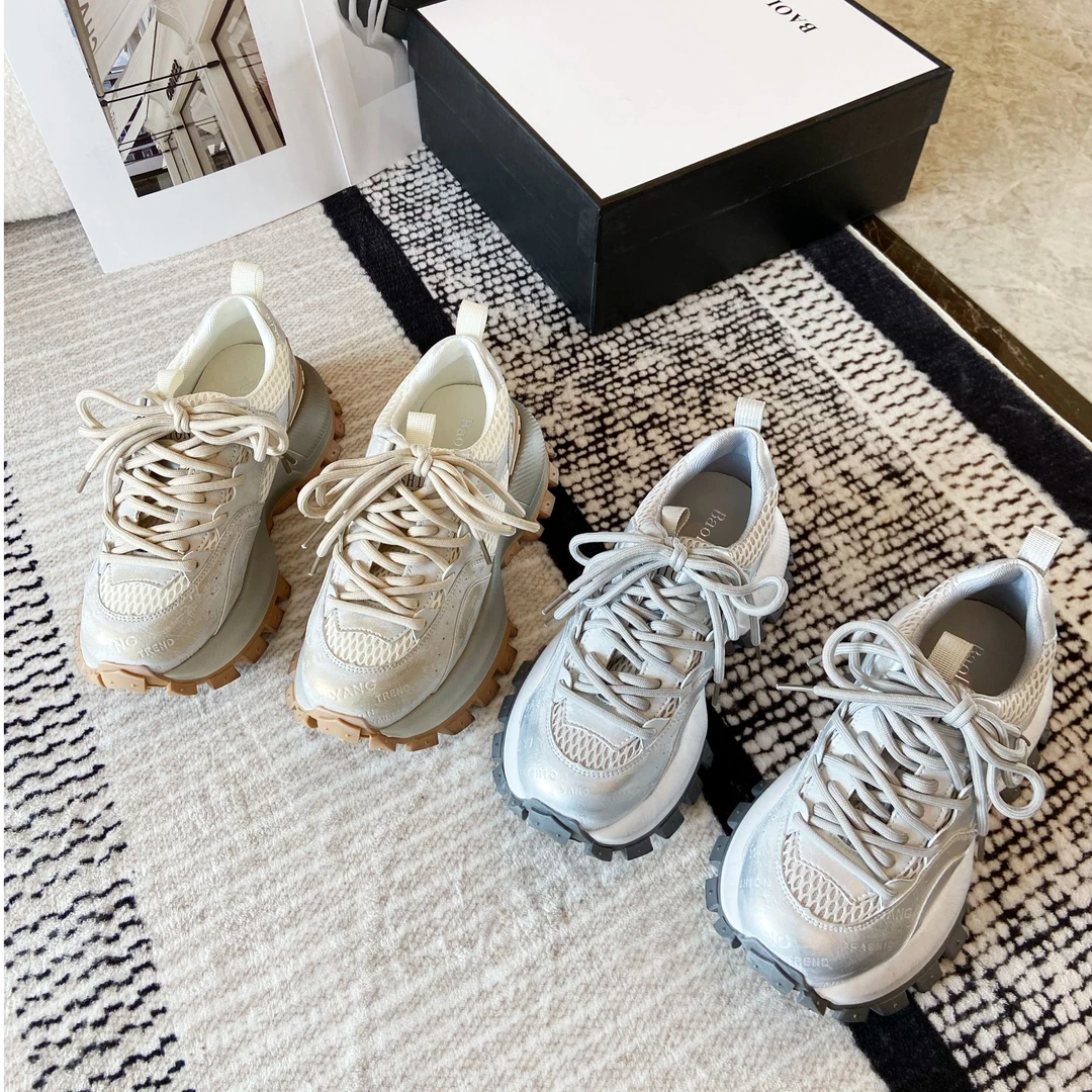 2025春季新款圆头厚底休闲运动鞋真皮牛皮网面透气女鞋运动鞋