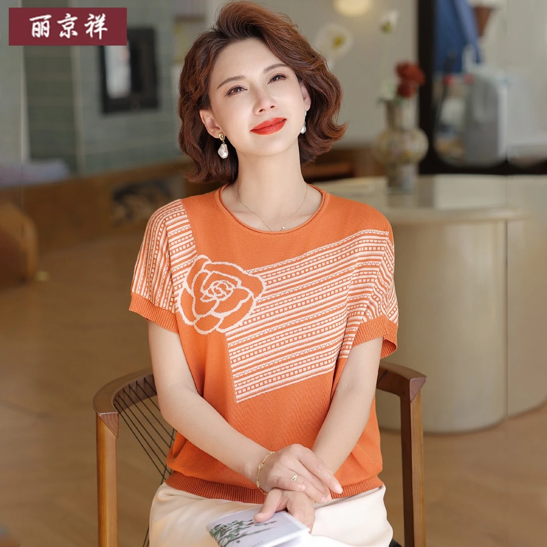 年轻妈妈洋气上衣中老年人女装夏季圆领短袖宽松气质针织小衫夏