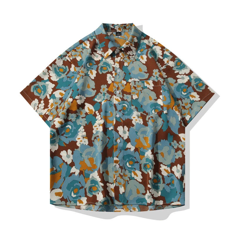夏威夷印花冰丝短袖衬衫男港风潮流五分袖夏季薄款透气宽松衬衣