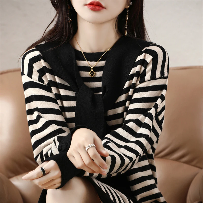 2020秋季新款女欧货条纹宽松中长款洋气内搭针织披肩外穿连衣裙