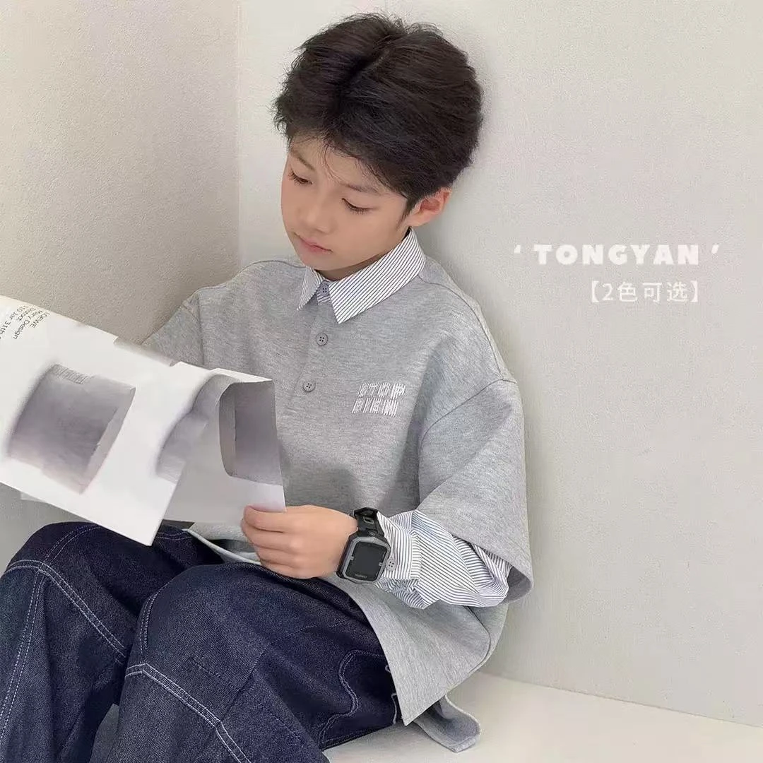 假两件儿童POLO衫长袖T恤男女童休闲宽松时尚衬衫百搭拼接上衣潮S