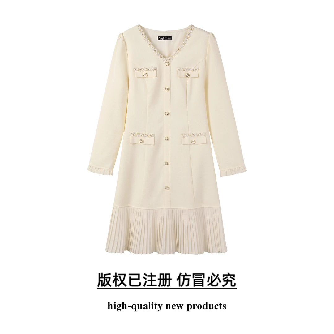 奢姿大码女装2025秋季V领小香风裙子胖妹妹时尚拼接百褶连衣裙