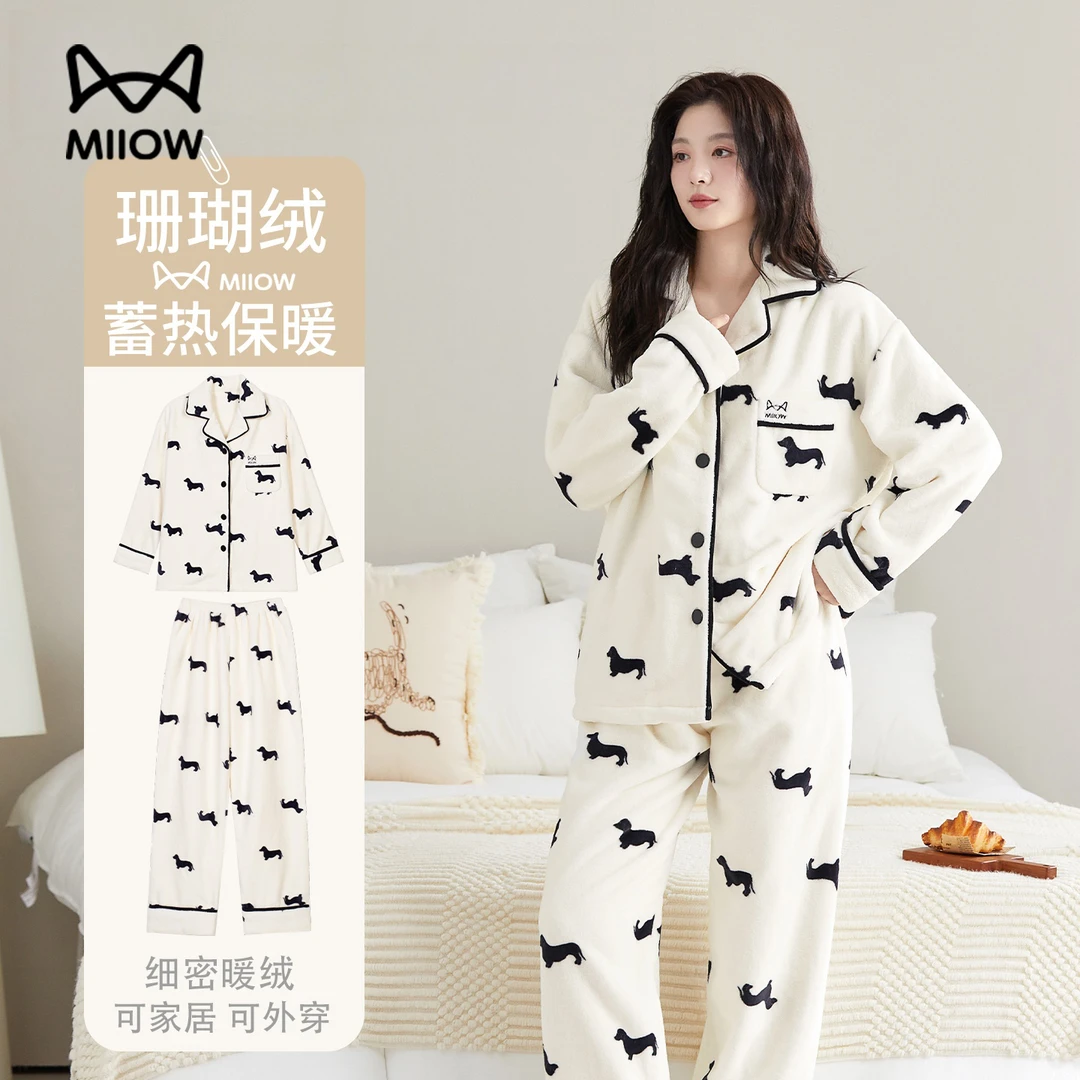 猫人珊瑚绒睡衣女款秋冬季加绒加厚2025新款法兰绒冬天家居服套装