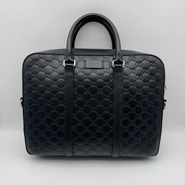 95新 GUCCI/古驰 97新黑色压花全皮手提公文包/2673