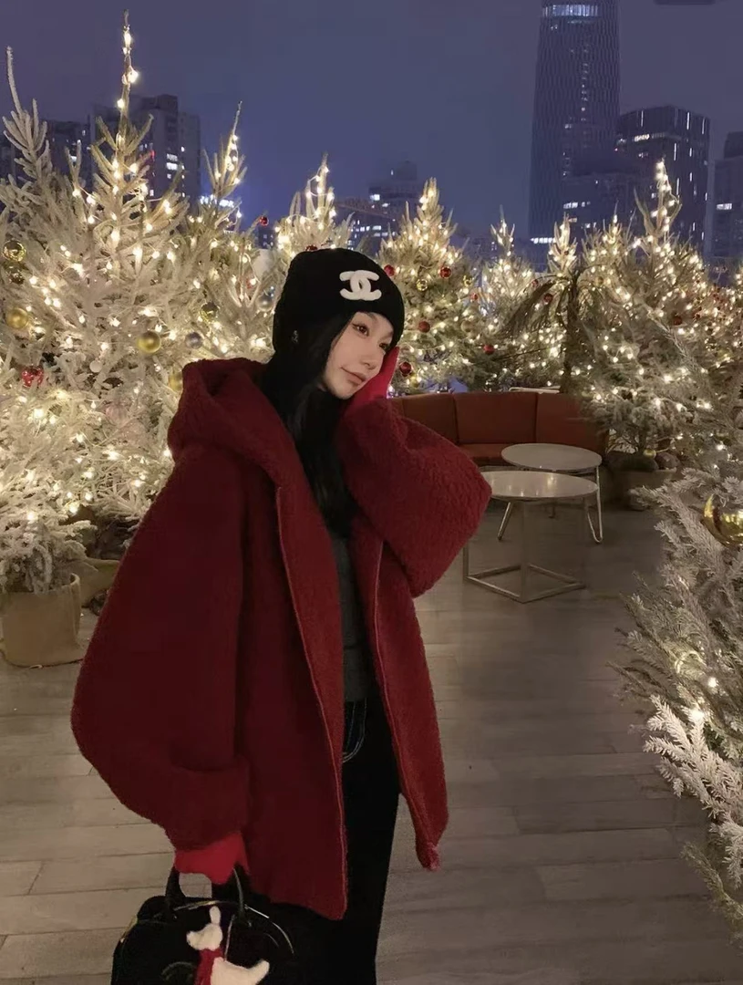 人造皮草 环保皮草羊羔毛外套女冬季加厚宽松仿皮毛一体连帽大衣