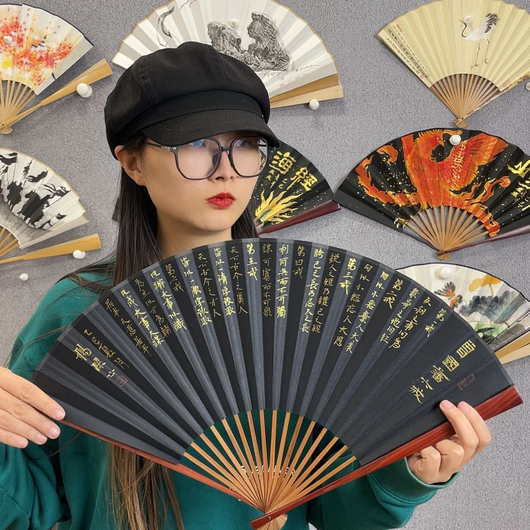 国画95寸红木-纯手绘-文玩扇骨（默认粘好）
