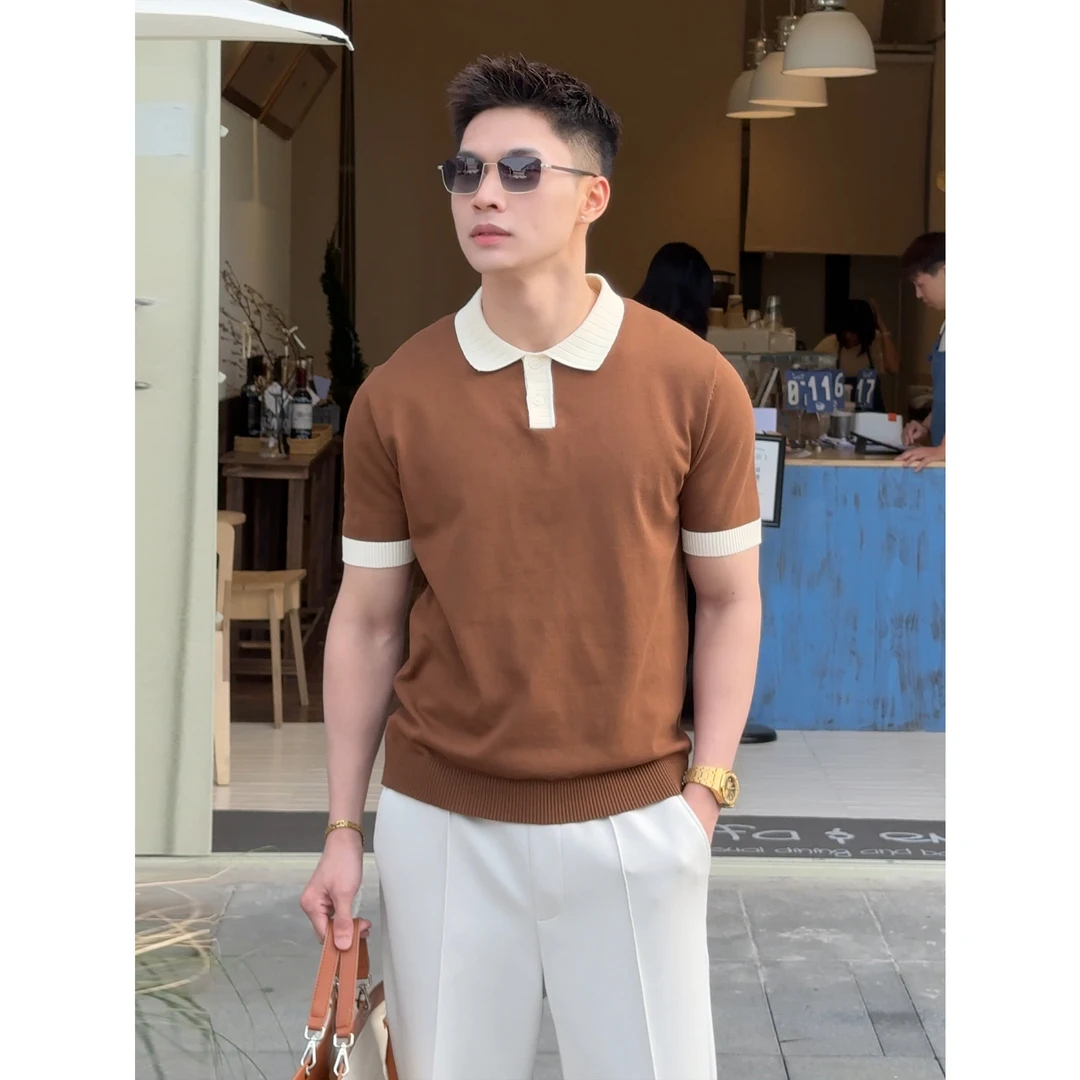 『夏纱涴月 冰感沁凉』冰爽丝简约撞色ins风罗纹领商务休闲针织PO