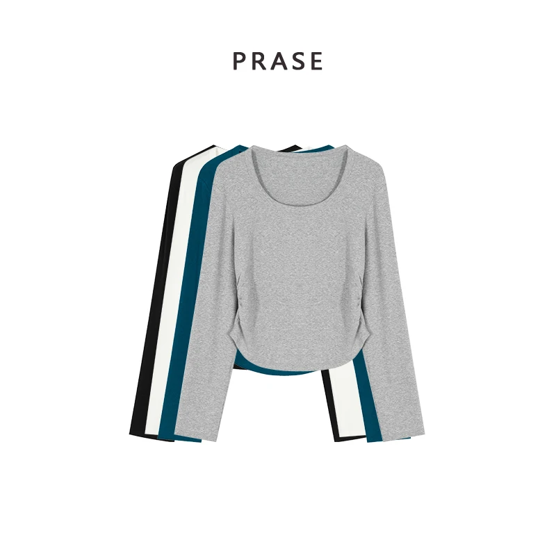 PRASE·噜【糯糯打底】微胖轻奢设计款春女百搭圆领收腰T恤PR502C39