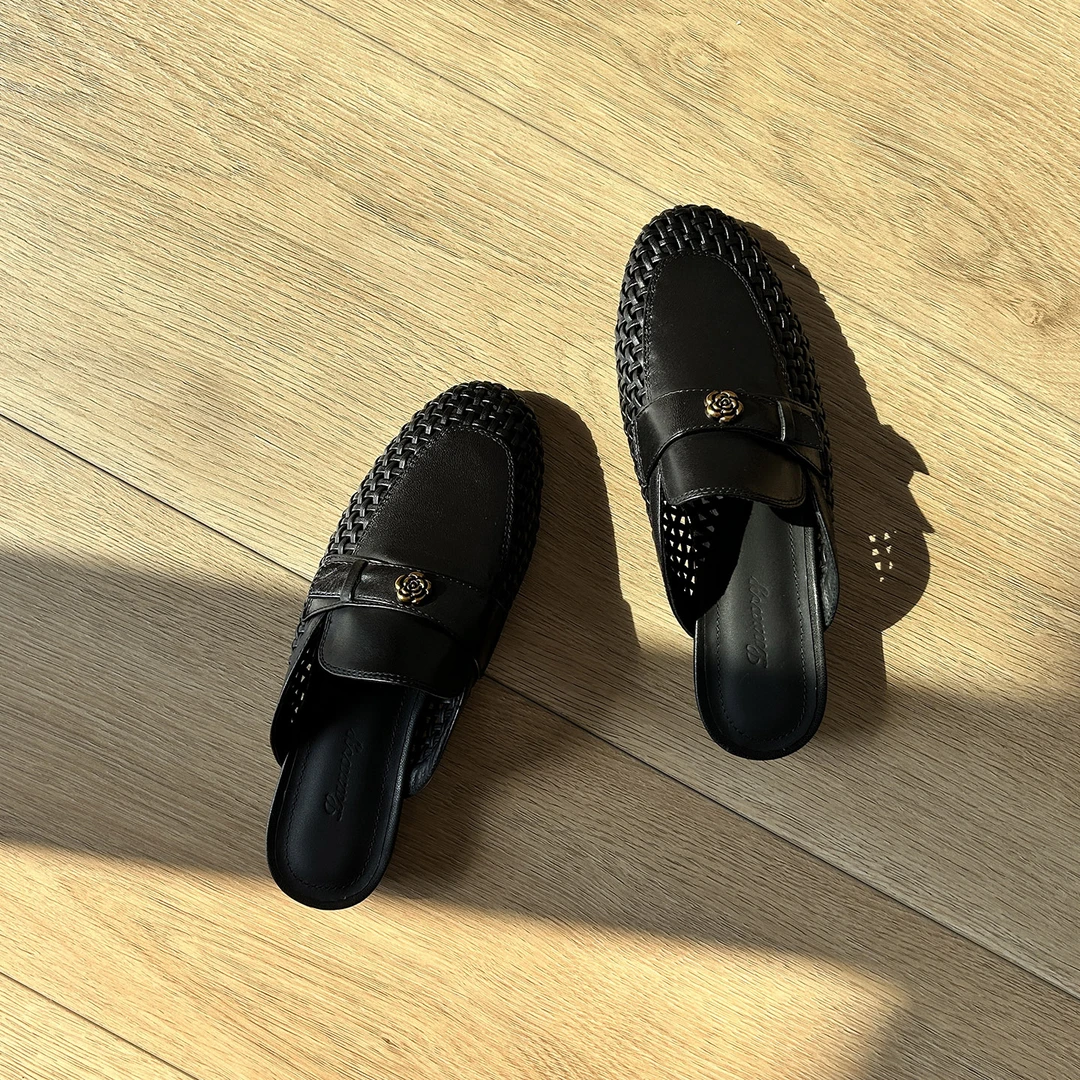 3cm/XW2126牛皮包头半拖鞋女夏季镂空编织低跟通勤复古小众凉拖鞋