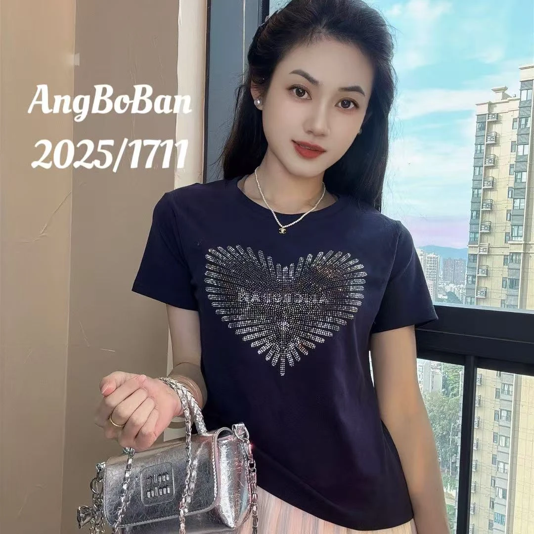 AngBoBan2025短袖烫钻爆闪爱心100%纯棉短袖圆领修身显瘦T恤女