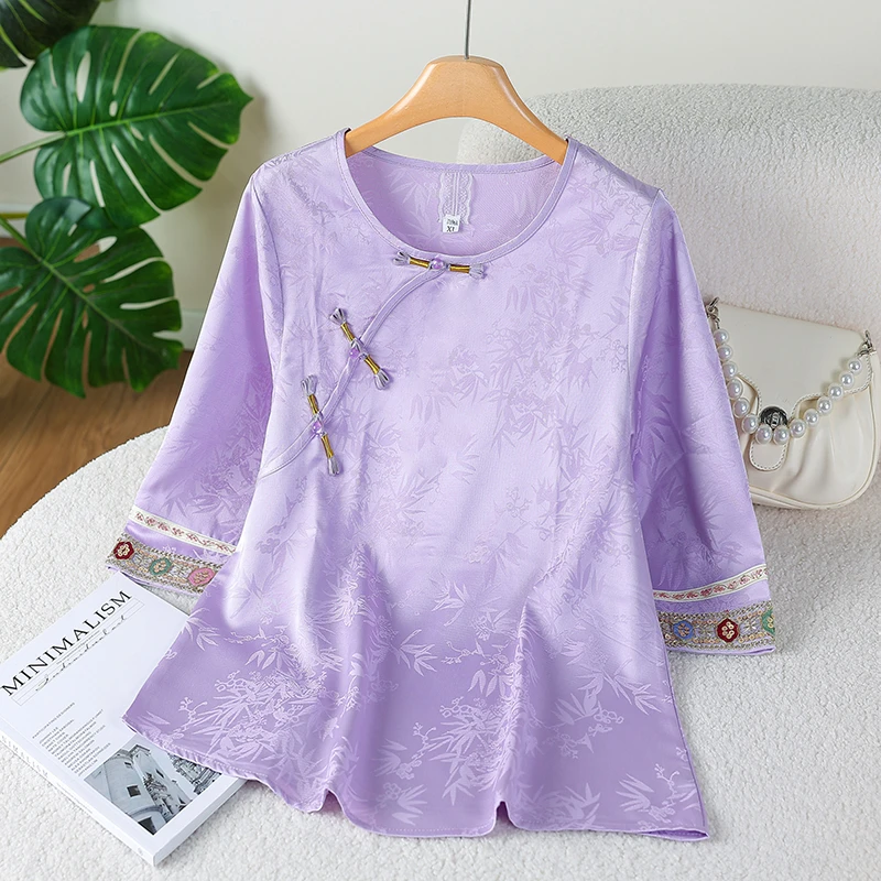 2025夏季新款新中式国风盘扣上衣女时尚妈妈装洋气减龄中袖衬衫