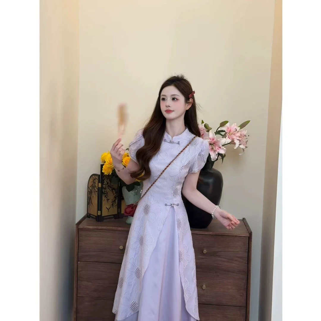 温柔风高级感超好看紫色碎花连衣裙小众时尚气质收腰显瘦裙2025夏