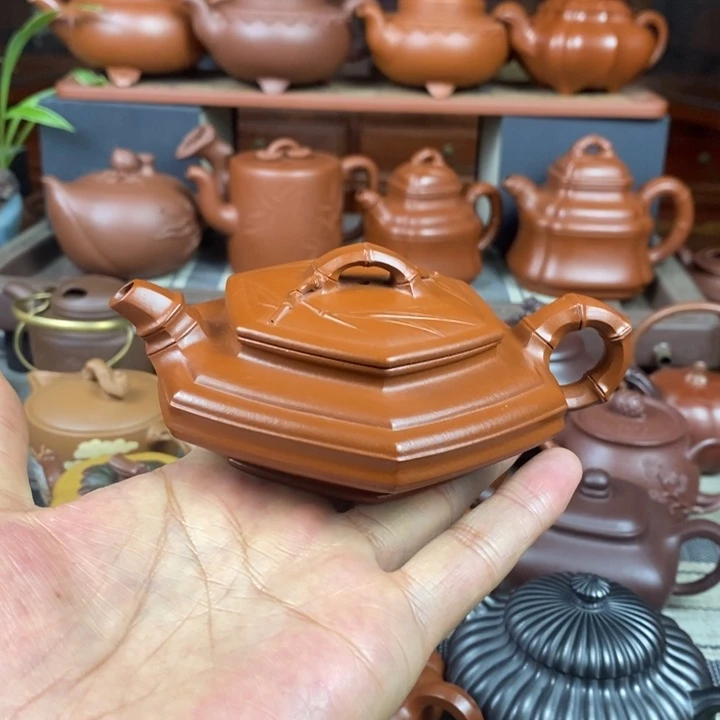 紫砂茶壶六方扁竹150CC原矿赵庄朱泥特价
