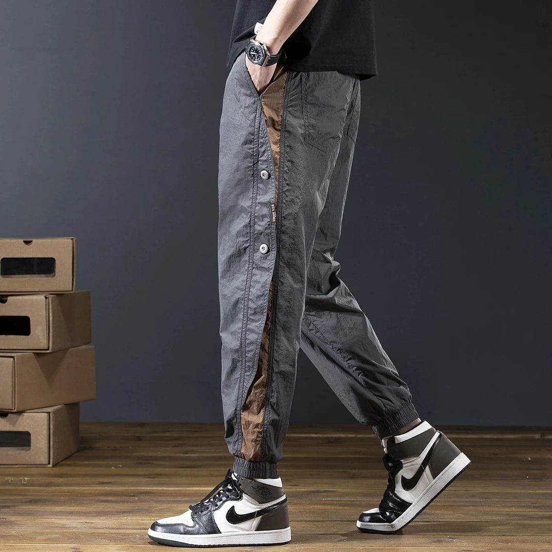 高端束脚工装裤男士夏季新款百搭拼接休闲裤美式宽松束脚冰丝裤男