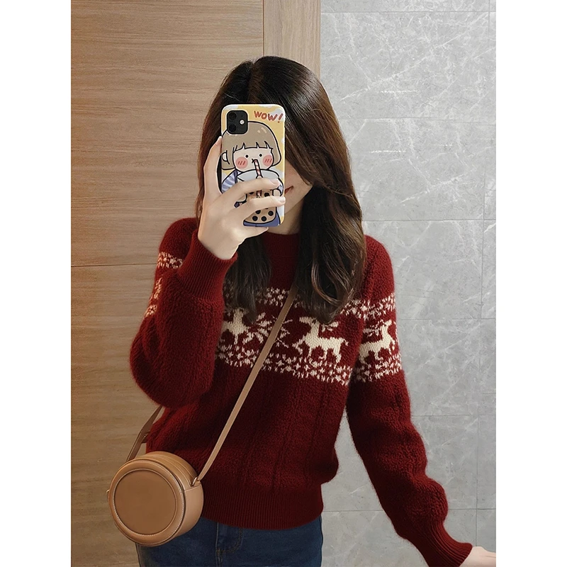 红色圣诞节穿搭复古费尔岛毛衣女慵懒高级感可外穿内搭针织衫上衣