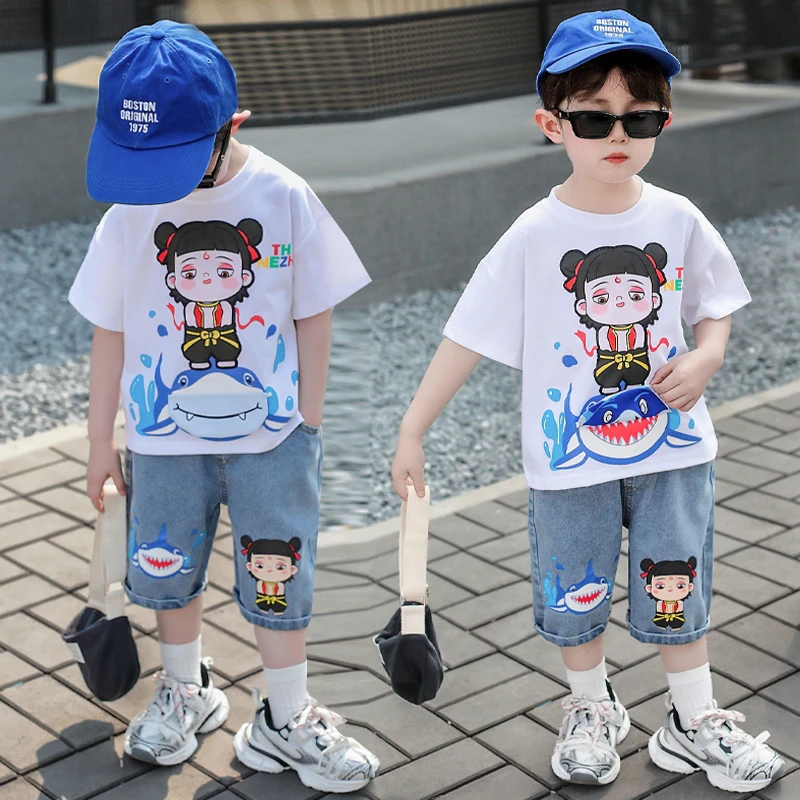 哪吒衣服男童夏季短袖套装2025新款儿童服装时尚童装痞帅个性潮牌