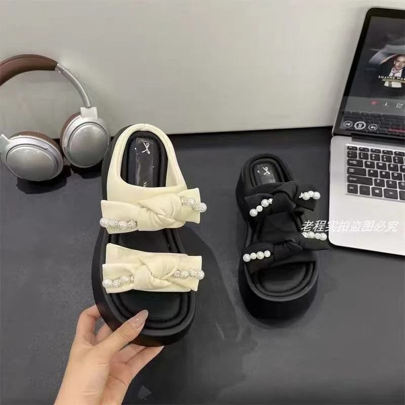 英伦风双蝴蝶珍珠配饰松糕厚底拖鞋809-2