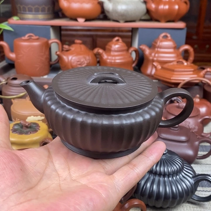紫砂茶壶筋纹汉瓦260cc原生矿黑料