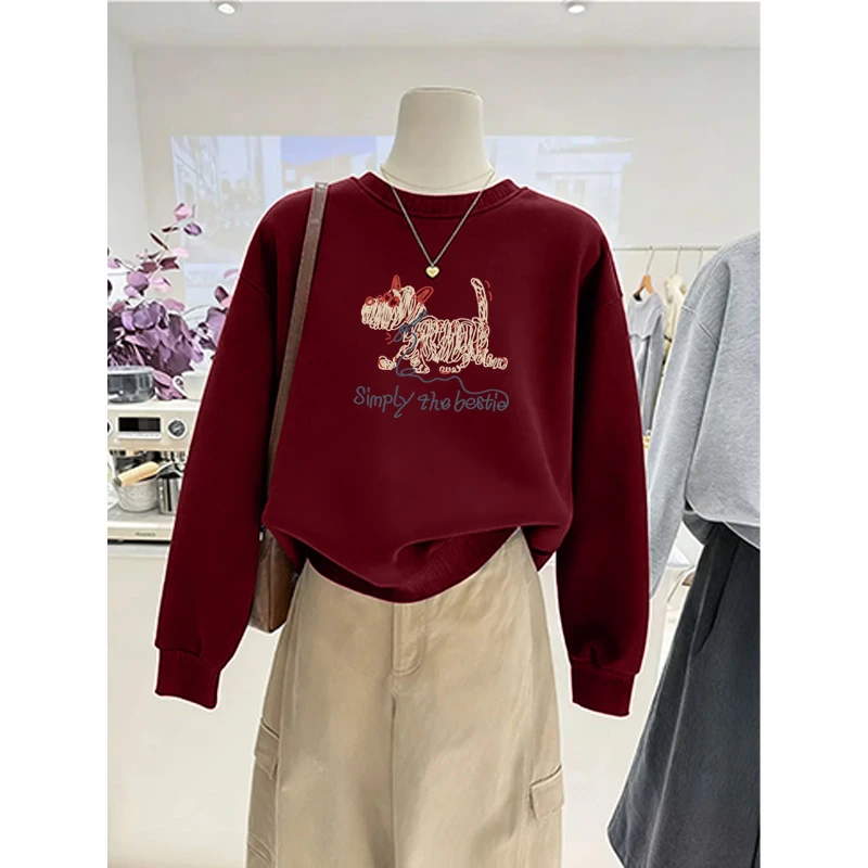 多巴胺圆领套头打底衫加绒加厚卫衣女2026春秋季新款宽松韩版外套