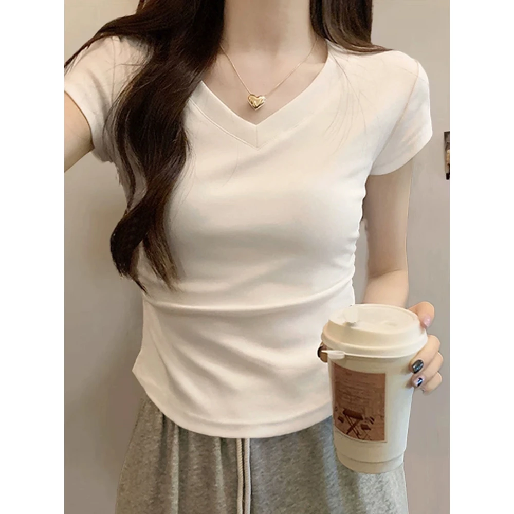 1149-短袖T恤女V型圆领2025夏修身正肩白色上衣百搭纯欲风棉吸汗