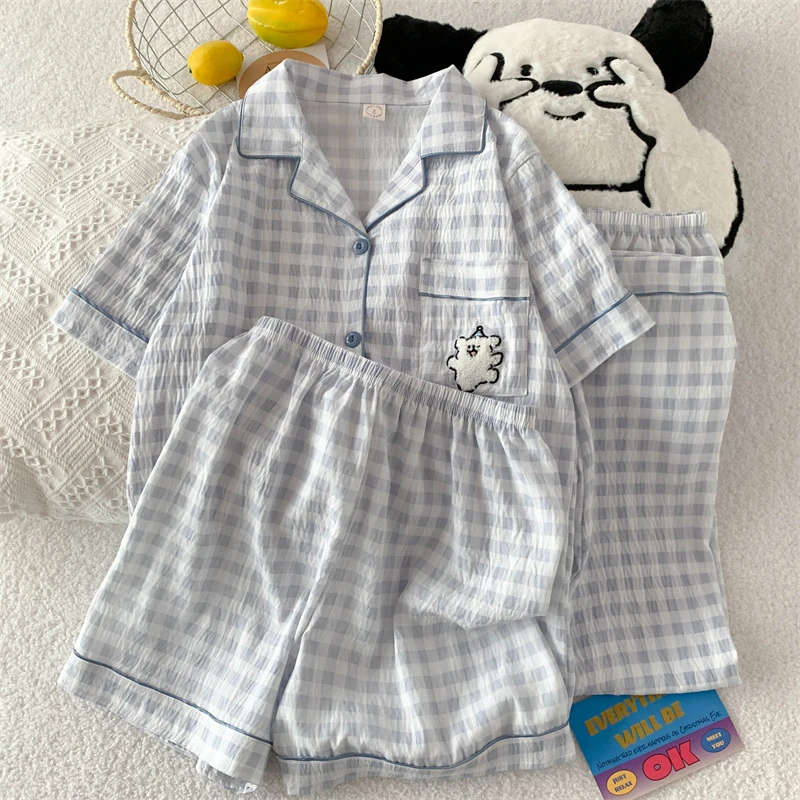 三件套蓝格睡衣女夏季云朵棉短袖简约网红ins风春秋天家居服