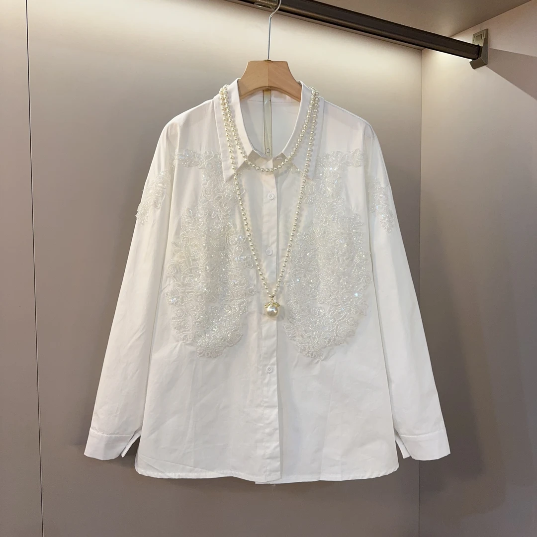 2025春季新款重工拼接亮片大码女装胖妹妹时尚百搭款上衣衬衫长71