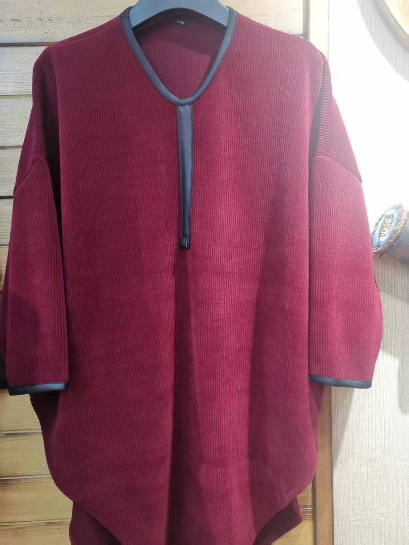 大码女装棉绒落肩䄂酒红色休闲上衣，衣长92.