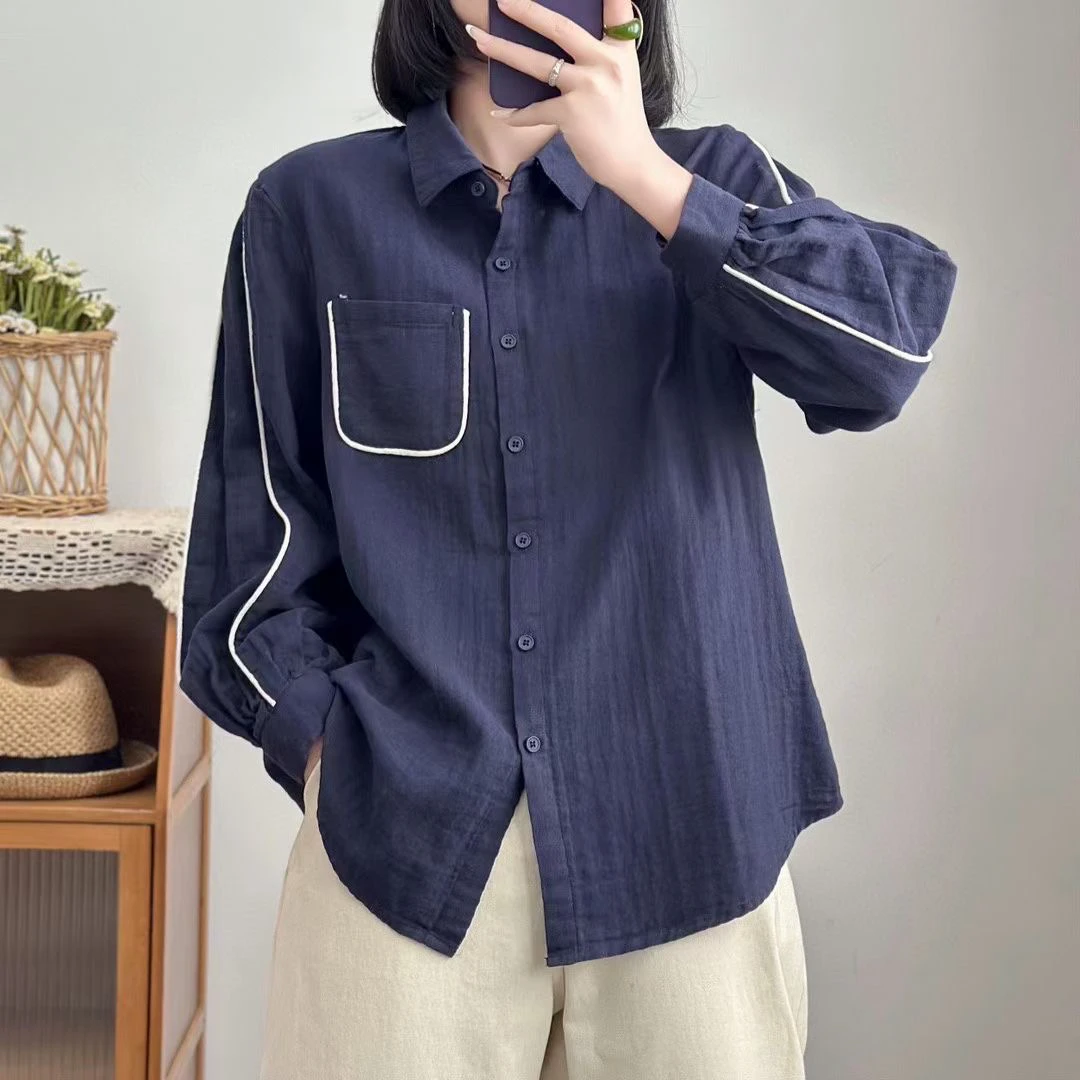 文艺休闲拼色拼接棉纱衬衫女2025春秋季新款显瘦百搭衬衣上衣宽松