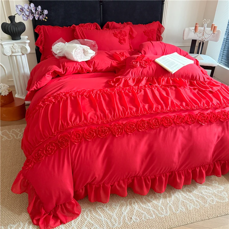 2025新款盘花刺绣床裙款四件套公主风红色床单被套裙式带花边结婚
