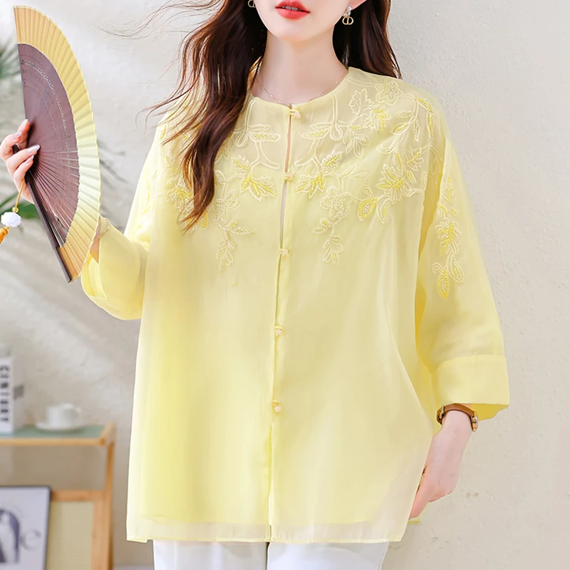 新中式重工刺绣衬衫女2025夏季薄款防晒衣开衫外套七分袖外搭上衣