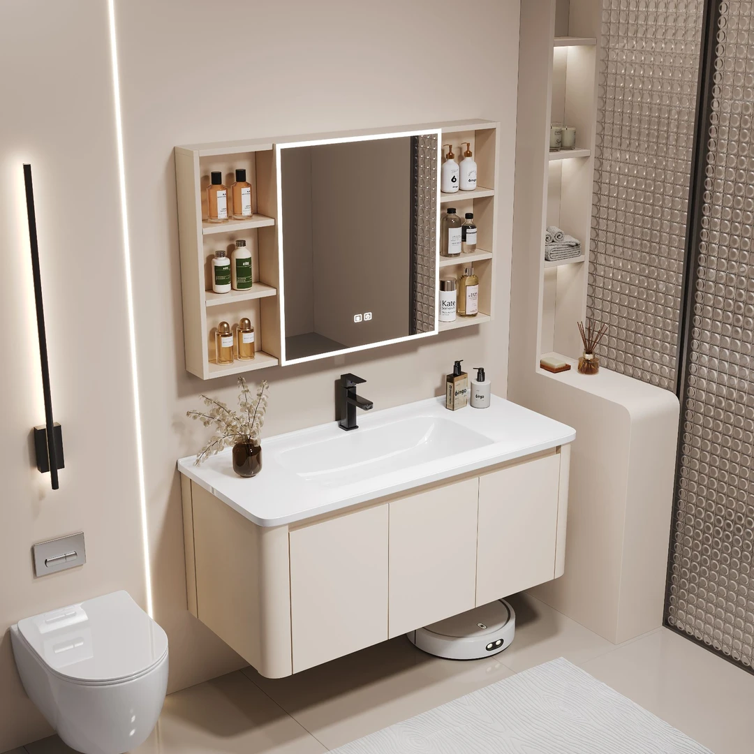 奶油风圆弧角蜂窝铝合金浴室柜组合陶瓷一体盆洗漱台洗脸盆柜防水