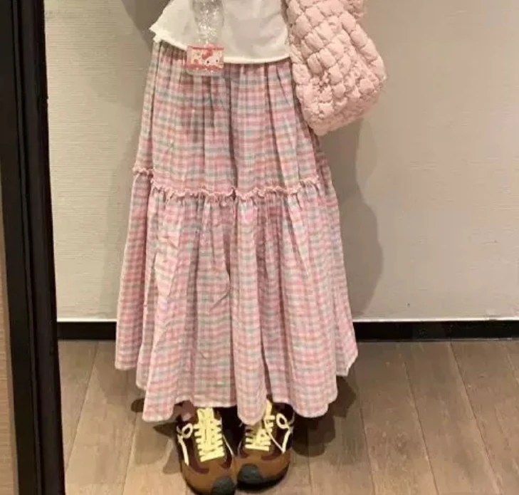粉色格子A字大裙遮肉显瘦半身长裙小清新温柔淑女型