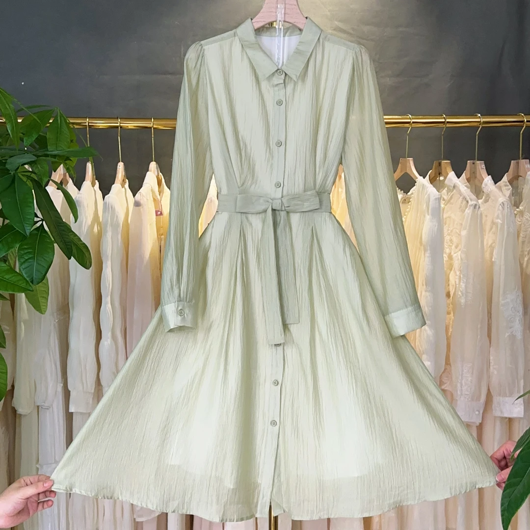 【RG5167】绿色网红时尚复古名媛法式洋气印花收腰小香风连衣裙