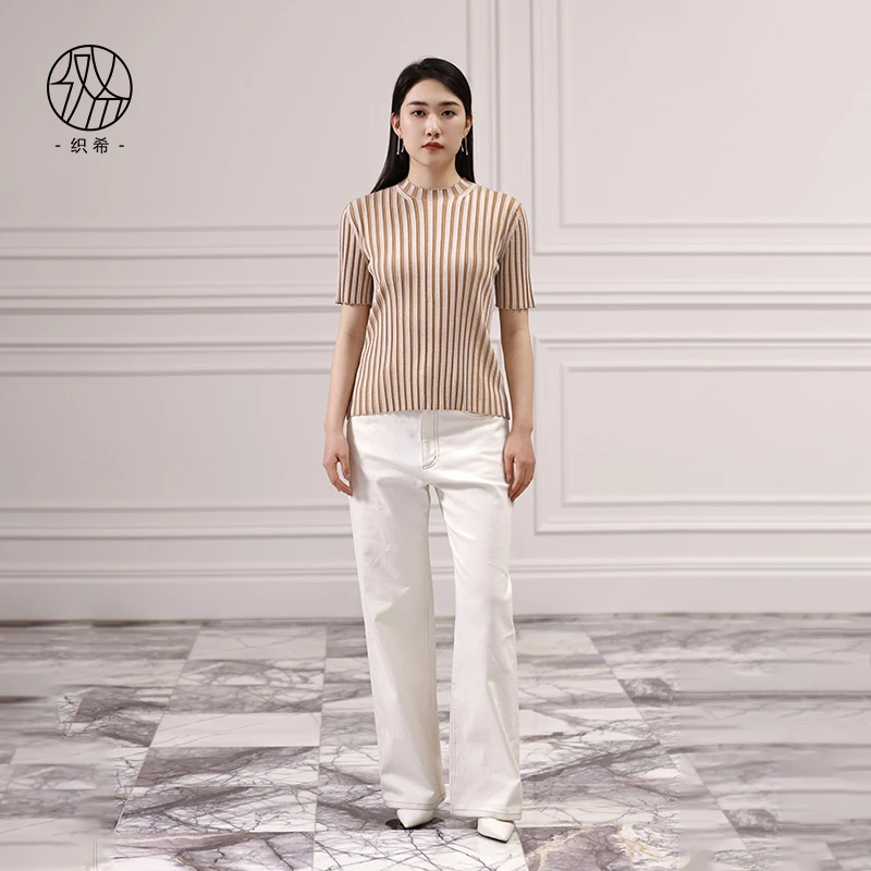 TESSITI｜春夏新款美拉德色坑条撞色短袖针织衫