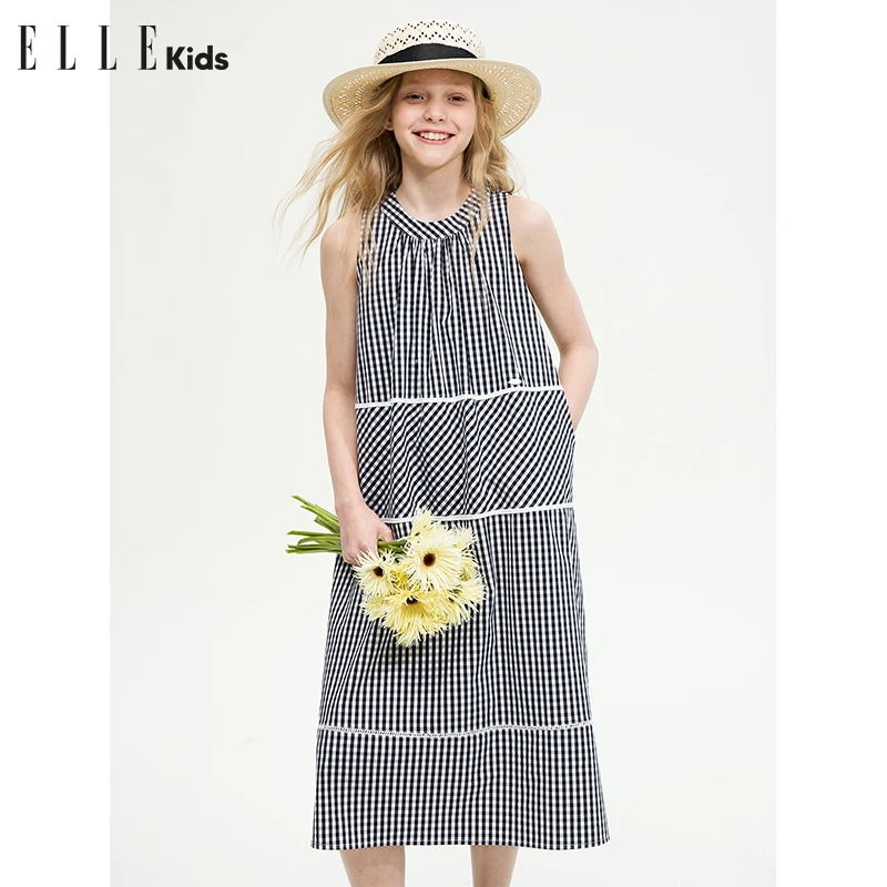 ELLE KIDS黑白格纹背心连衣裙女童夏季新款甜美挂脖圆领裙子X1
