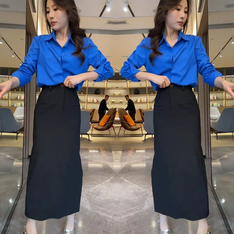 1003韩版简约polo领蓝色衬衫女春季气质宽松克莱因衬衣超好看衬衫