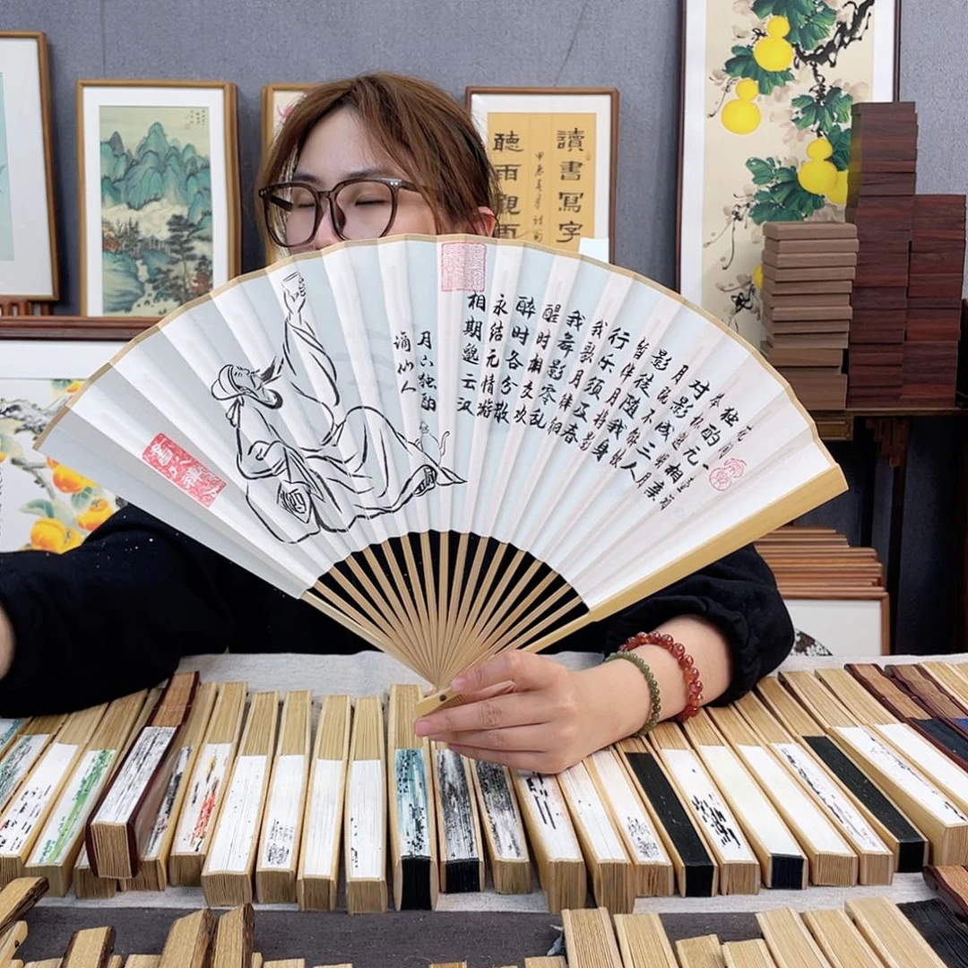 国画95寸玉竹-纯手绘-文玩扇骨（默认粘好）月下独酌