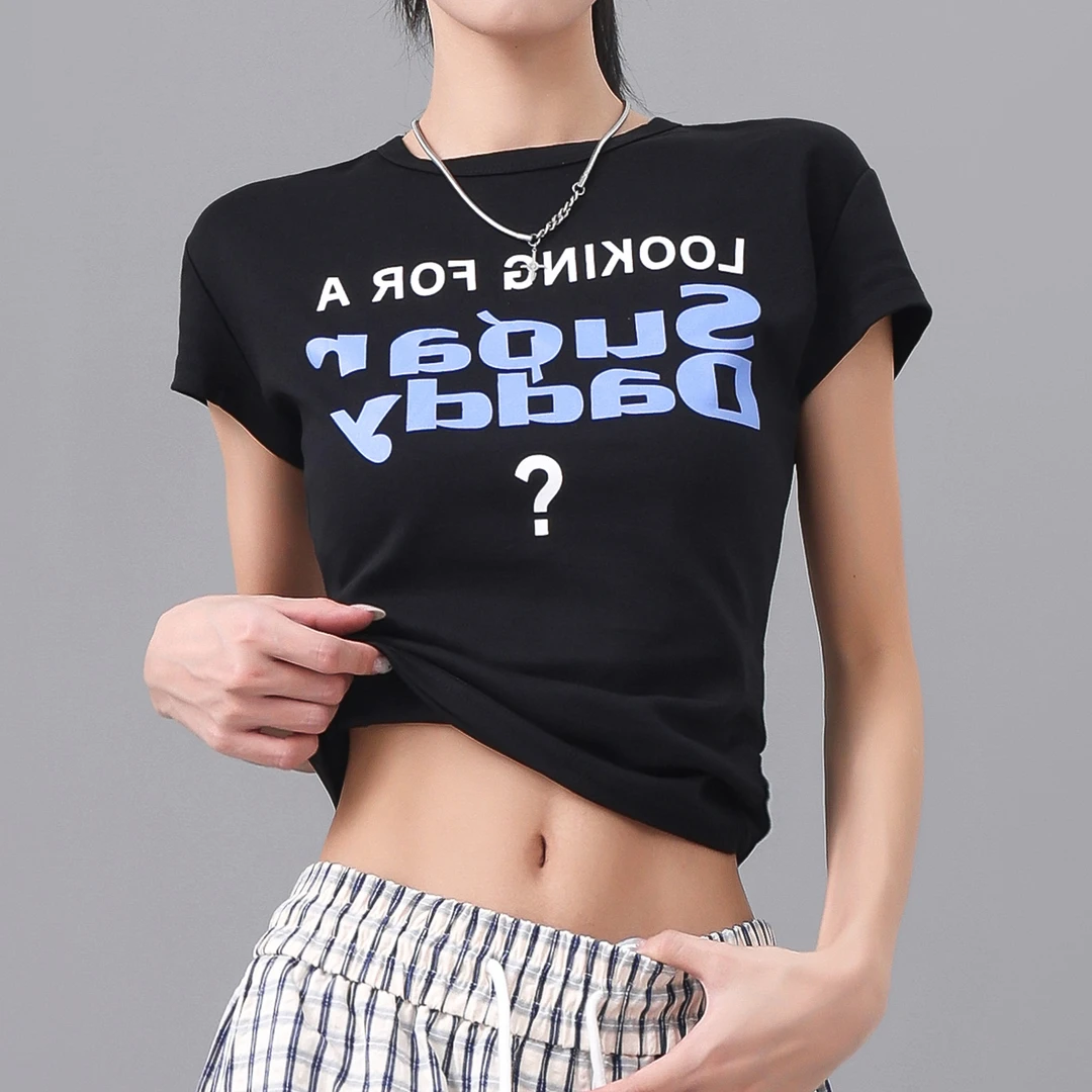 KEN STUDIO夏季新款字母印花黑色正肩T恤女设计修身显瘦打底上衣