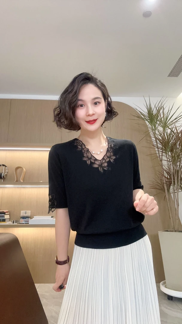 【香水百合】短袖V领蕾丝领针织套头衫春夏新款#DQ2469