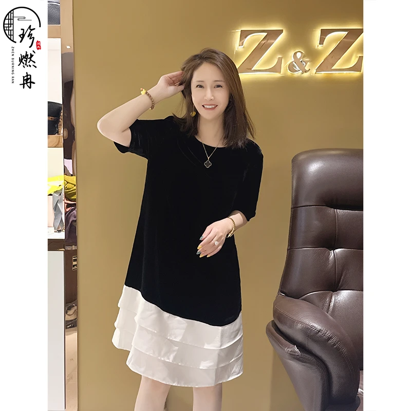 【珍珍新中式】【蒂凡尼之梦】纯色丝绒拼接蚕丝夏季连衣裙Q-61242