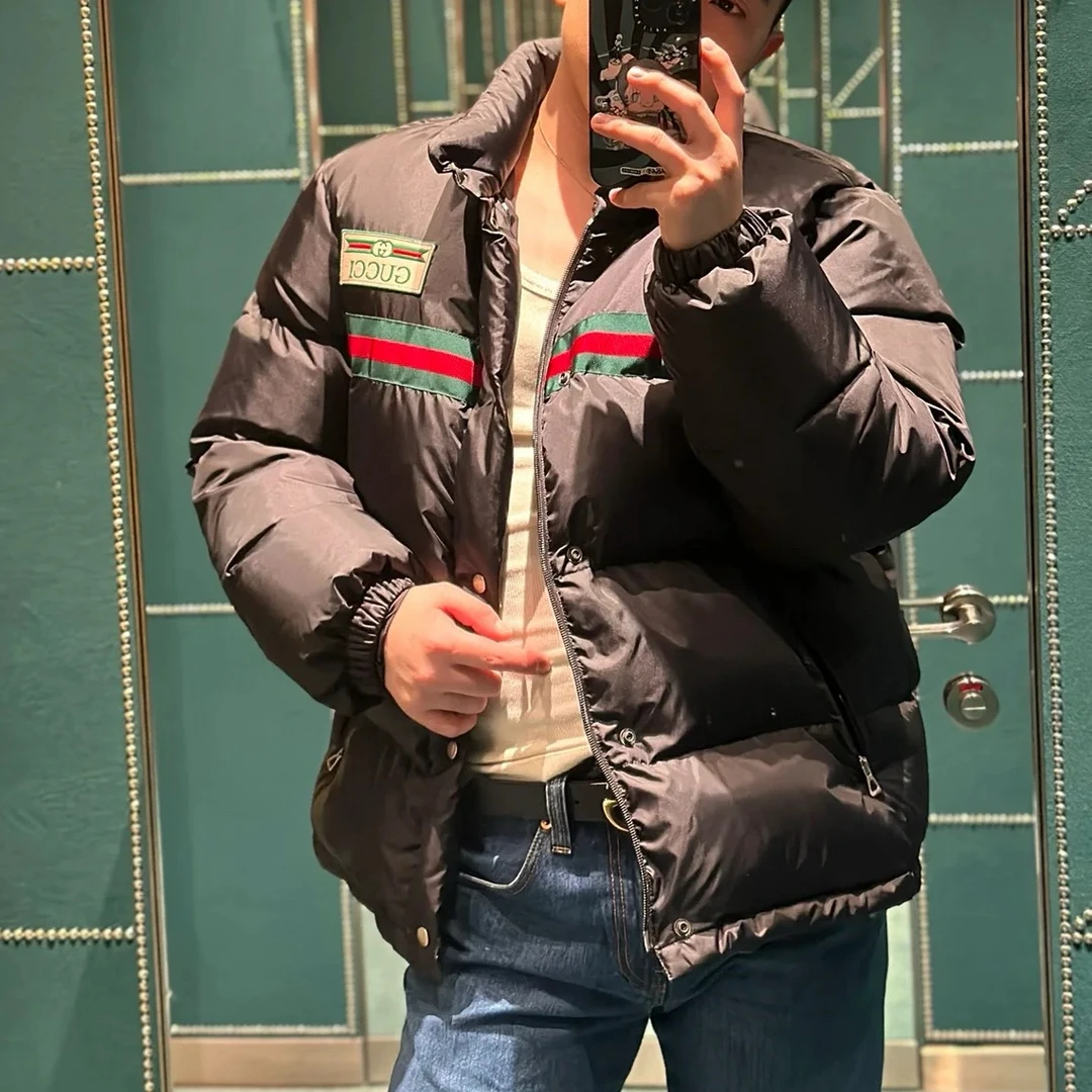 GUCCI/古驰 红绿Logo立领羽绒服饰复古织带羽绒服 冬季 男款 黑色