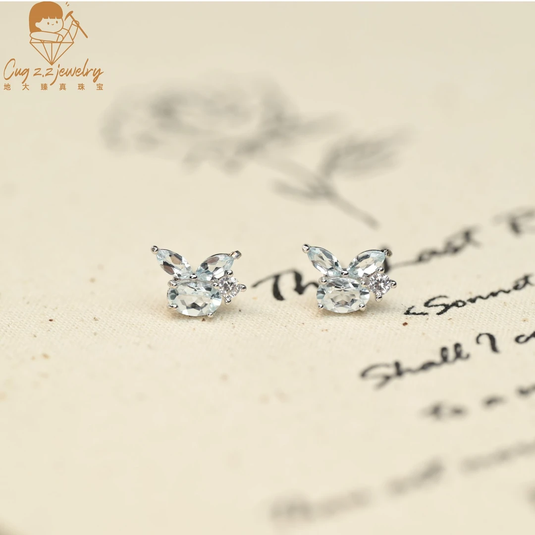 天然海蓝宝石耳钉小兔子耳饰温柔宝石礼物925银