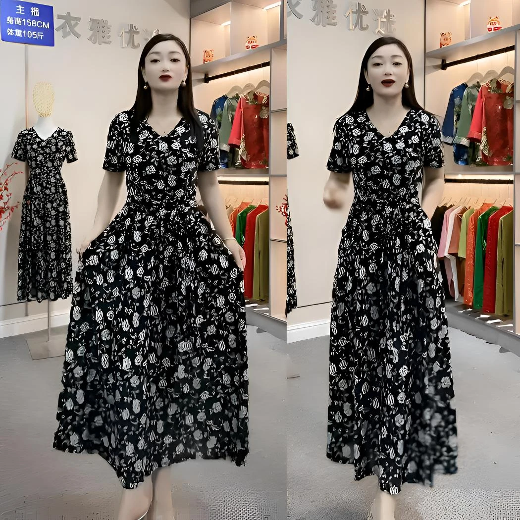 【衣雅严选】3247-256夏季冰丝短袖收腰显瘦大长裙气质宽松连衣裙