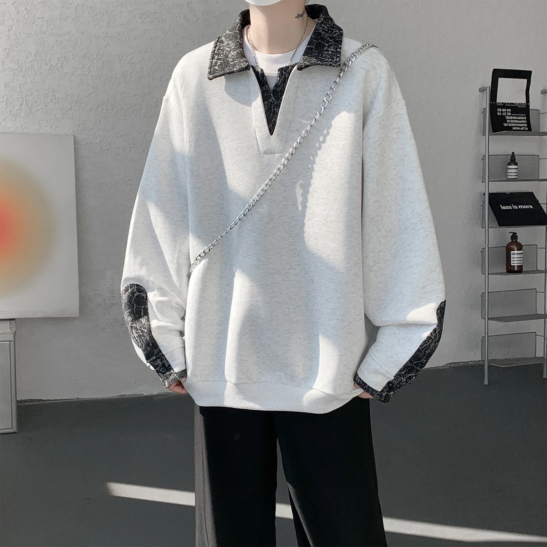 美式重磅卫衣男款秋冬季加绒大码撞色拼接V领Polo衫套头翻领外套